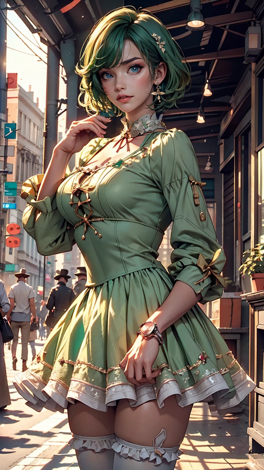 (Cowboy Shot), SFW, (masterpiece), (highest quality:1.0), (Ultra-high resolution:1.0), Fine grain, break , Miss Martian YJ, Green skin, short hair, One girl, sweet_Lolita, break, (street, indoor, Nice views)