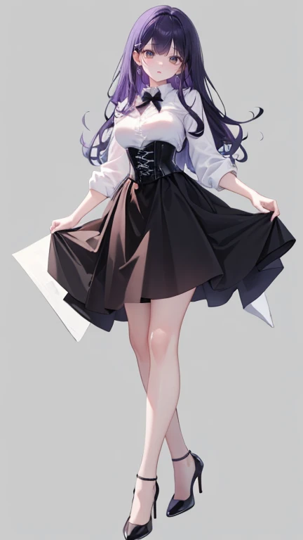 Purple Hair,Long Hair,Adult female,White Y-shirt,((Roll up her sleeves)),(corset),(Black tight skirt),(High heels),((A simple, blank white background)),smile,((full body)),((whole body)),