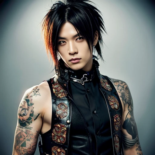 1 japanese male rocker, asien eyes, Visual Kai hairstyle, ultra detailed face and body, hyperrealistic, realistic representation, muscular, broad shoulders, tattoos gothic style, piercings, Visual Kei style, hairstyle Visual Kei, blond, 30 years old, age 30, outfit gothic streampunk, men's shirt and black pants, Asian eyes, eyes Asian, long hair, long hair