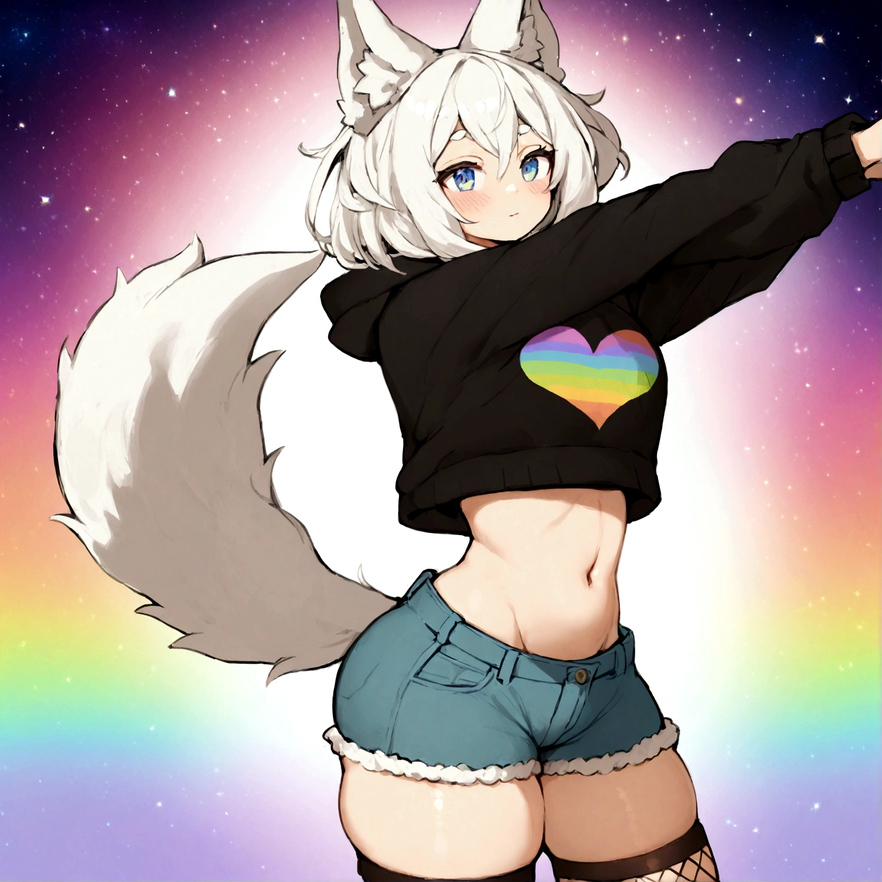 a cute adult male with wolf ears, white hair, has a wolf tail, wearing a loose cropped oversized black hoodie, wearing a pair of denim short shorts and thigh high fishnet stockings, thick thighs, wide hips, relaxing on mound of fluffy multi colored kawaii plushies, short, very slim, showing slender tummy, stretching out, heart on hoodie, squishy thighs, has glowing blue eyes. alone, solo (ALONE)(SOLO), surrounded by rainbows, colorful galaxy backround, nice butt