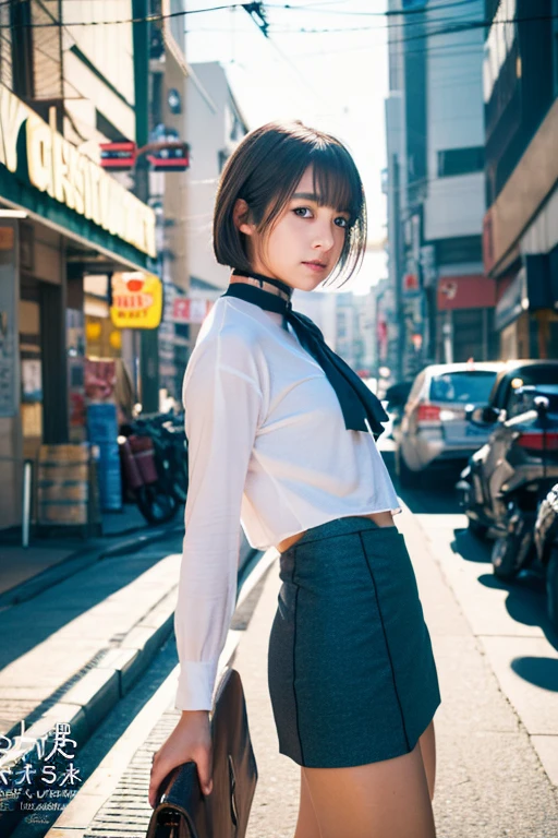 Analog Style, RAWphotograph, photograph, Hyperrealistic, amateur photo shot , Aesthetic artwork, ((Magazine Cover、Large text)), On the city streets, Detailed skin, detailed natural raw light, Very detailedな, Cinematic, highest quality, Super detailed, Very detailed, grain, noise, Heading, stylish, font, Memorable、A boyish and healthy beautiful girl,((Flowing sweat)) Beautiful Eyes, Realistic eyes, Beautiful details in the eyes, (Realistic Skin),Japanese Idols、short hair、High school girl、(((Short skirt))),choker