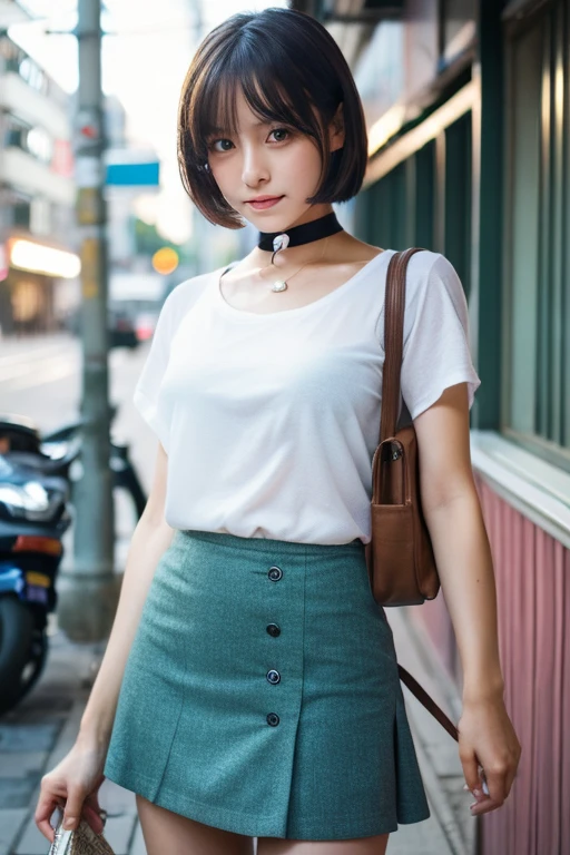 Analog Style, RAWphotograph, photograph, Hyperrealistic, amateur photo shot , Aesthetic artwork, ((Magazine Cover、Large text)), On the city streets, Detailed skin, detailed natural raw light, Very detailedな, Cinematic, highest quality, Super detailed, Very detailed, grain, noise, Heading, stylish, font, Memorable、A boyish and healthy beautiful girl,((Flowing sweat)) Beautiful Eyes, Realistic eyes, Beautiful details in the eyes, (Realistic Skin),Japanese Idols、short hair、High school girl、(((Short skirt))),choker