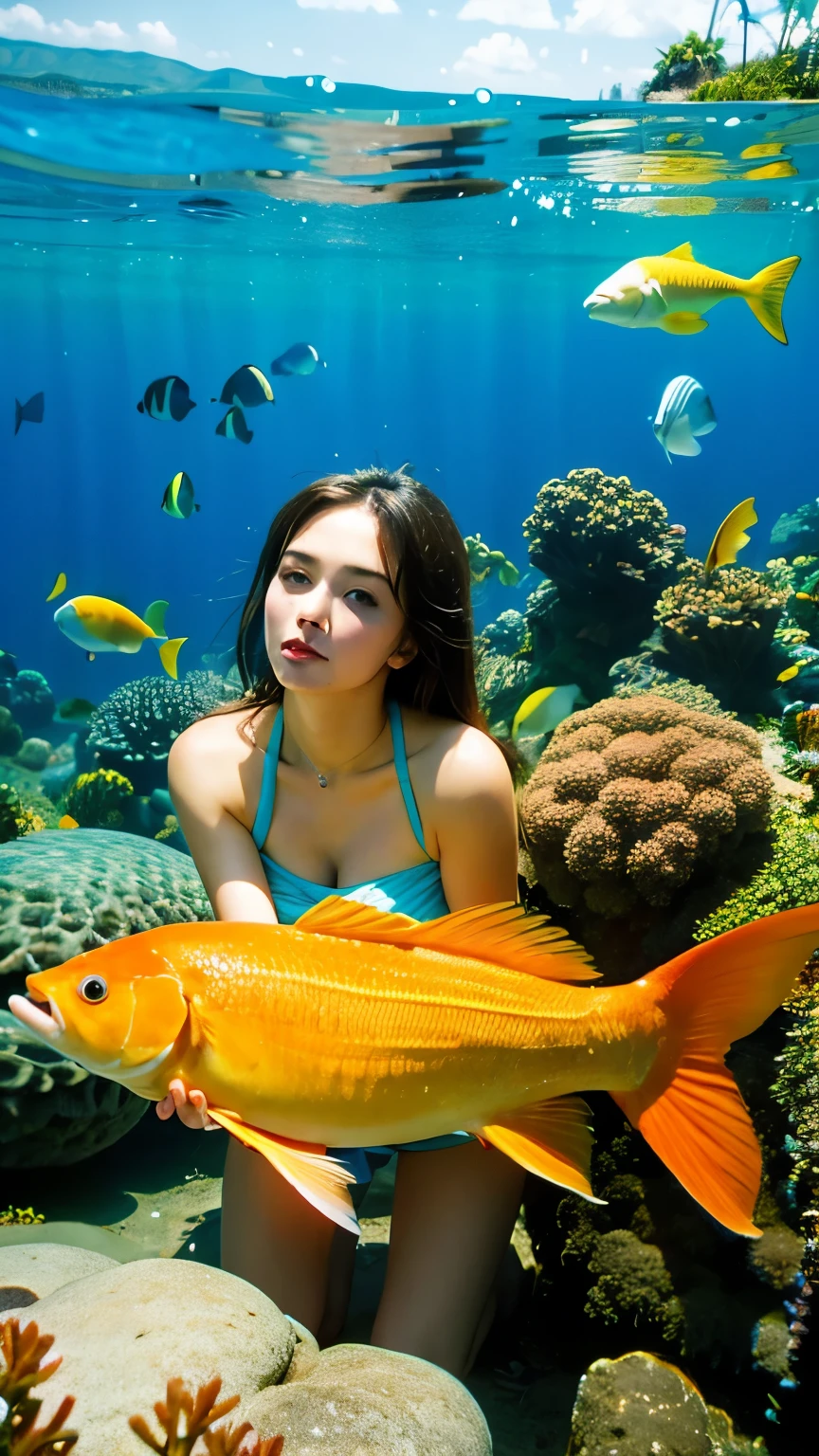 Ultra high-definition images,1girl in, female sea fairy,Surrounded by fish underwater, nude,Full body image Chestnut hair, In the beautiful sea, body in water,,