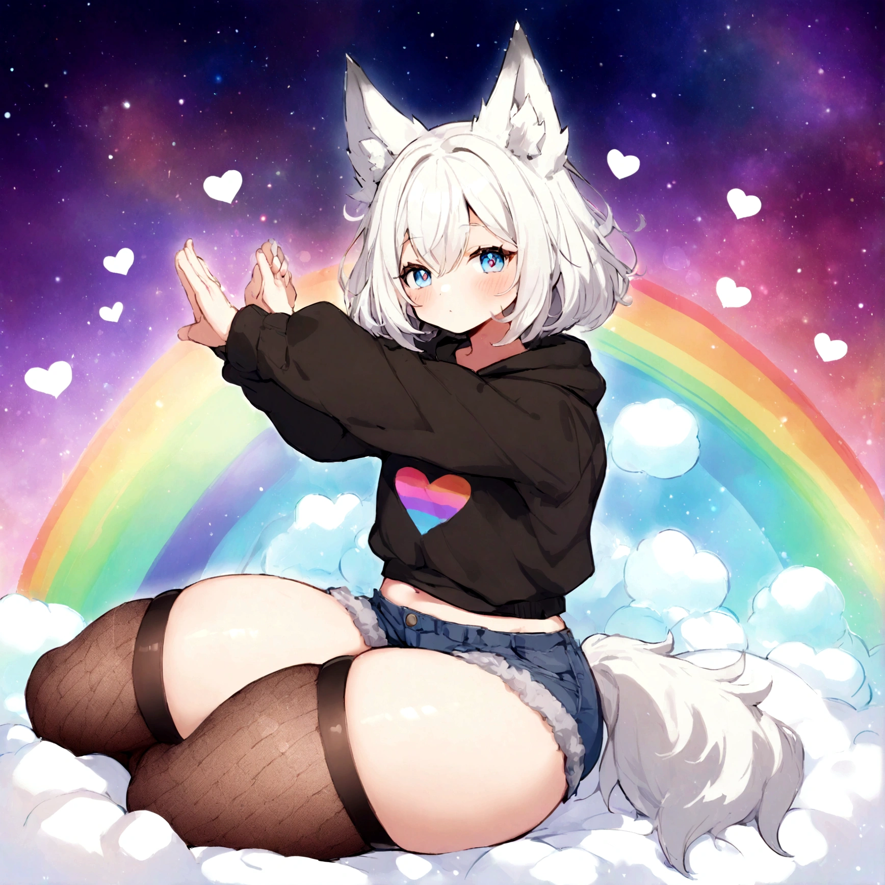 a cute adult male with wolf ears, white hair, has a wolf tail, wearing a loose cropped oversized black hoodie, wearing a pair of denim short shorts and thigh high fishnet stockings, thick thighs, wide hips, relaxing on mound of fluffy multi colored kawaii plushies, short, very slim, showing slender tummy, stretching out, heart on hoodie, squishy thighs, has glowing blue eyes. alone, solo (ALONE)(SOLO), surrounded by rainbows, colorful galaxy backround, nice butt