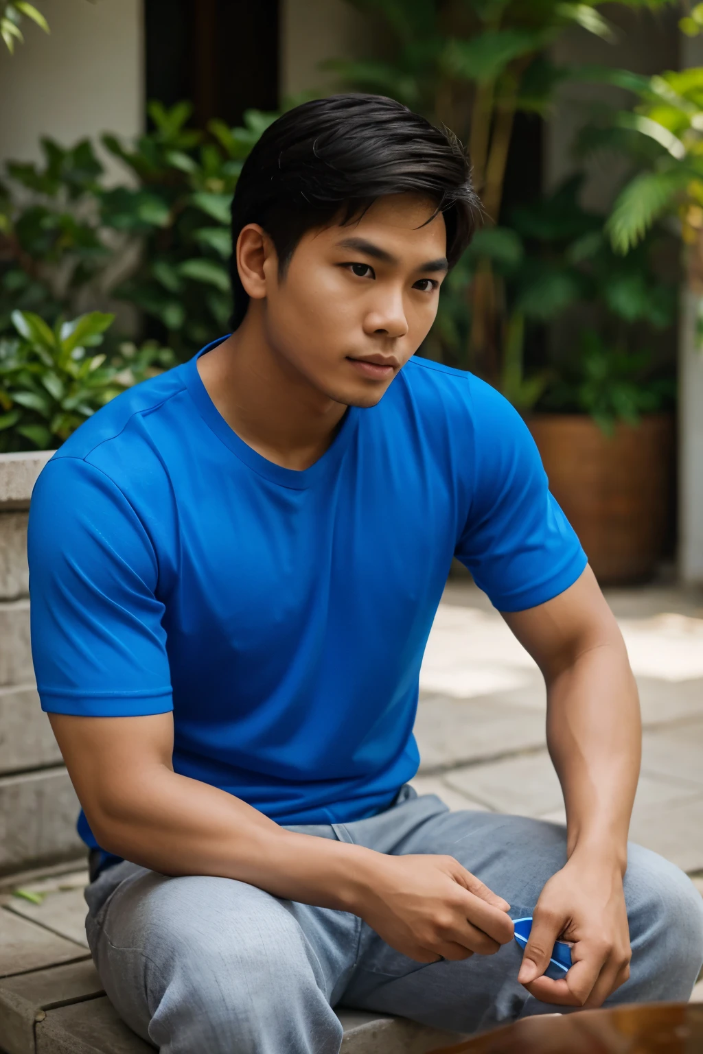 FILIPINO,Male, Blue shirt, candid, sitting