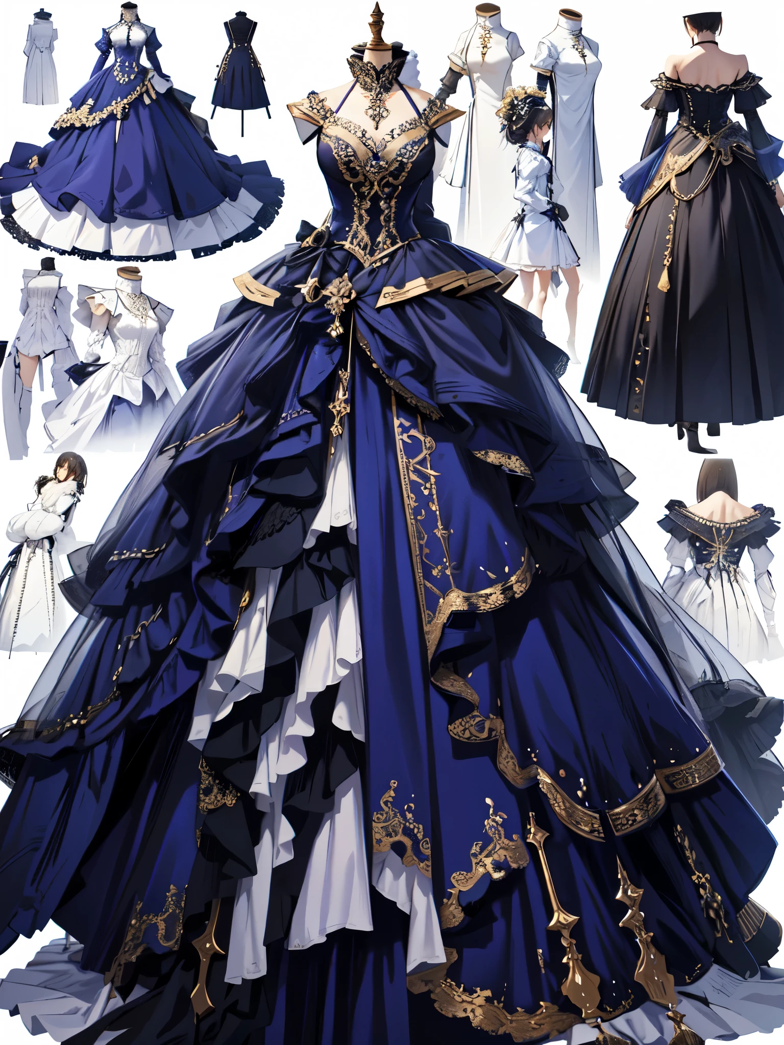 Mastepiece、Best Quality、Perfect lighting、Very detailed、8k、wallpaper、Information Sheet、Model Sheet、Simple white background、(Dress only photo)、((clothes sheet:1.5))、(Multiple Perspectives, [whole body_From behind_From the side_from the front_feet_Upper Body]:1)、Long dress、Lots of frills、Reference Art、Reference Sheet、Multiple Views