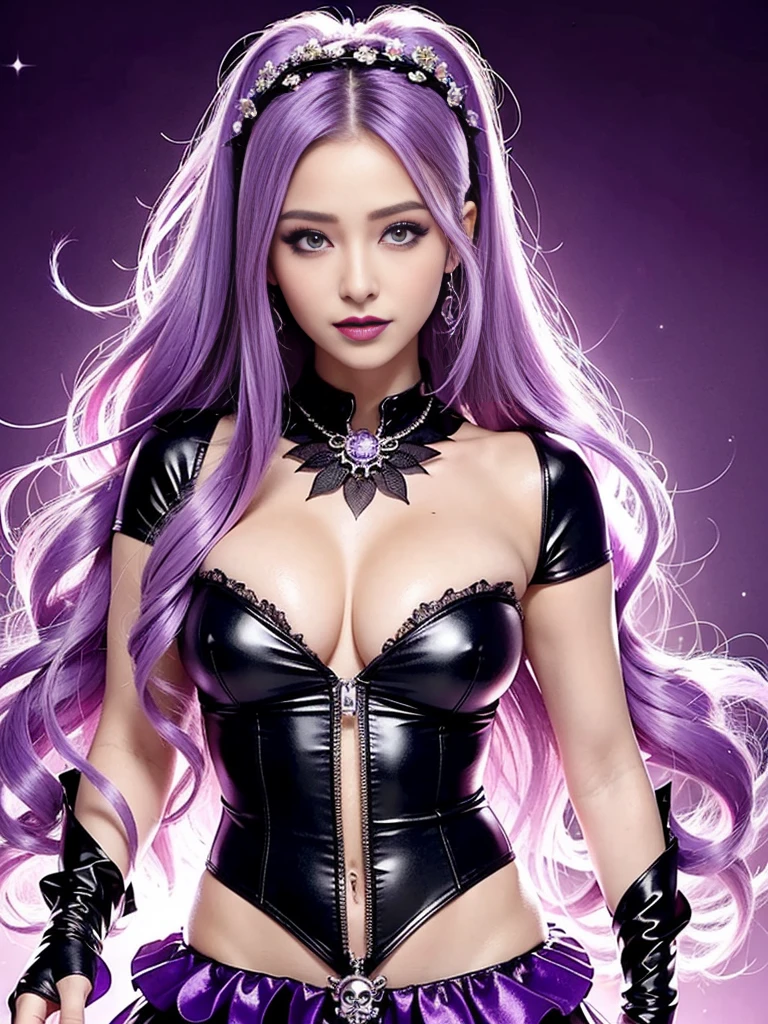 ultra realistic girl who controls poison, halloween, goth, gyaru, lip-gloss, gothic makeup, purple flowing hair, sparkling poisoned flower costume、、、、secrete poison, skull hair accessoires, sweet and sexy, seductive pose, shy, smile, flowers background