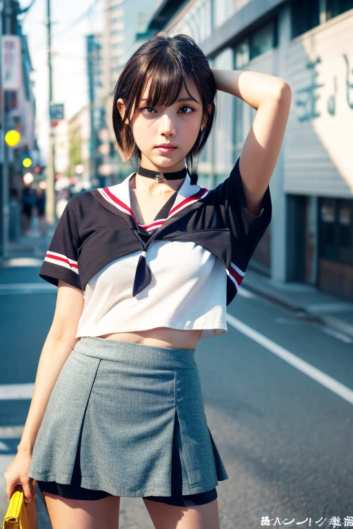 Analog Style, RAWphotograph, photograph, Hyperrealistic, amateur photo shot , Aesthetic artwork, ((Magazine Cover、Large text)), On the city streets, Detailed skin, detailed natural raw light, Very detailedな, Cinematic, highest quality, Super detailed, Very detailed, grain, noise, Heading, stylish, font, Memorable、A boyish and healthy beautiful girl,((Flowing sweat)) Beautiful Eyes, Realistic eyes, Beautiful details in the eyes, (Realistic Skin),Japanese Idols、short hair、(((High school girl)))、(((Short skirt))),choker , (((High school uniform))) , (((small panties))) , (((don't wear skirts))) , (((thong panties)))