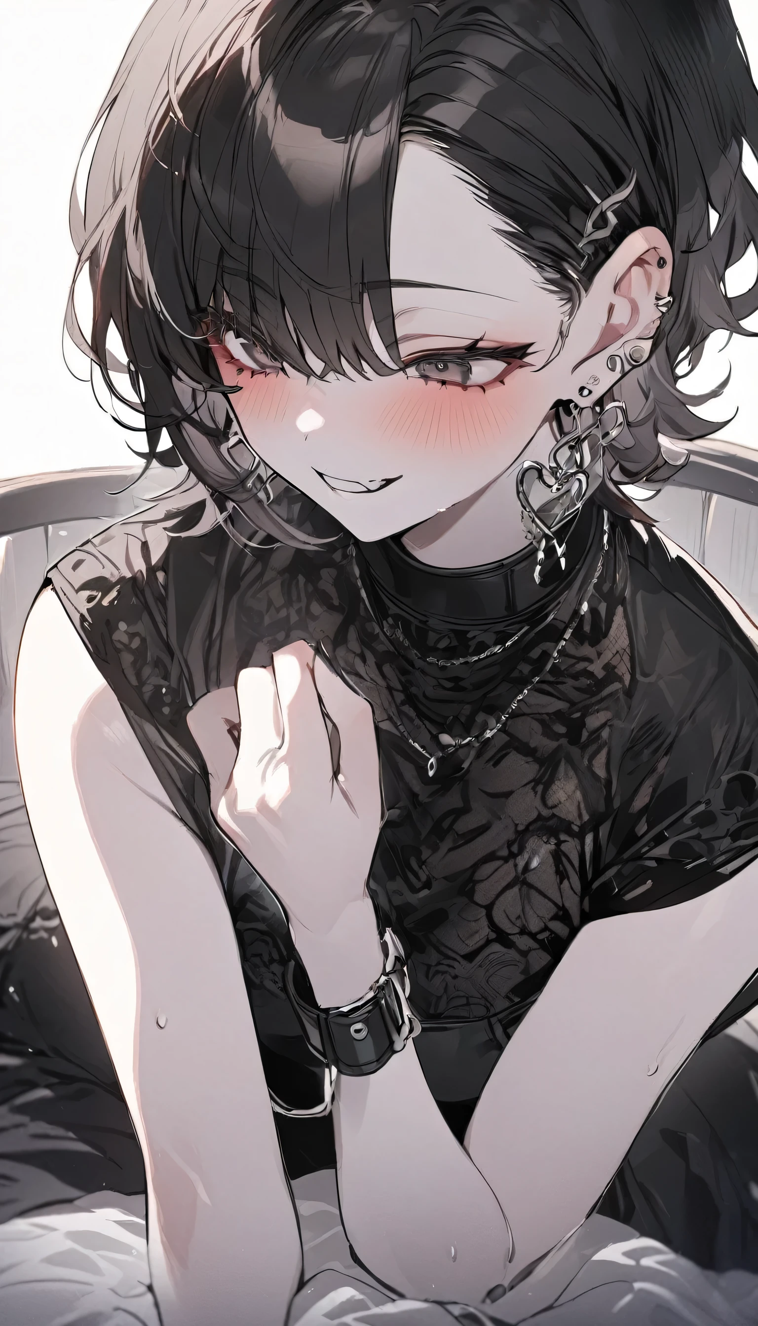 one girl,white skin,black bob hair,short hair,earrings,Sick Kawa,Menhera,unhealthy,black clothes,best quality