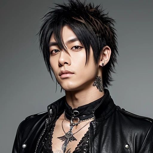 1 japanese male rocker, asien eyes, Visual Kai hairstyle, ultra detailed face and body, hyperrealistic, realistic representation, muscular, broad shoulders, tattoos gothic style, piercings, Visual Kei style, hairstyle Visual Kei, blond, 30 years old, age 30, outfit gothic streampunk, men's shirt and black pants, Asian eyes, eyes Asian, long hair, long hair