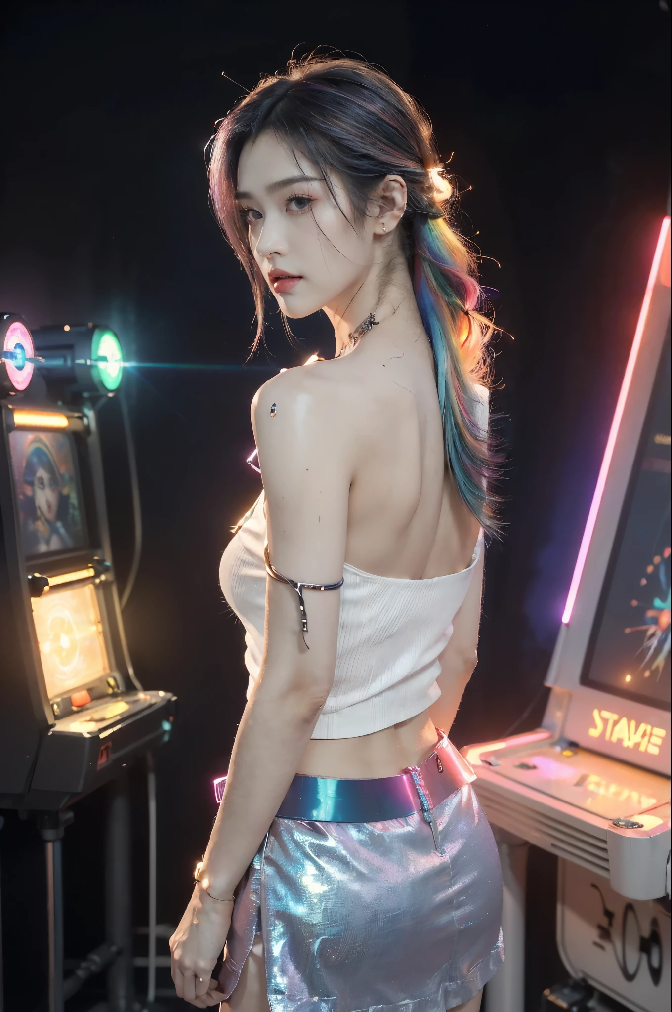 ((((8k))),((Extremely meticulous CG)) ,(wallpaper),16k,((Extremely refined and beautiful)),(((Masterpiece))),(((best qualtiy))),(((Ultra High Resolution))),beautiful light up,Perfect lightning,realistic shaded,(Smooth and flawless skin:1.5),(Extremely exquisite facial details:1.2),(perfect body:1.2),(ultra-detailed),((A beautiful girl,solo)),(small head:1.2),(pale skin:1.3),(shoulder length straight bob hair:1.2),(rainbow color hair:1.3),(small face:1.2),(:1.3),(Exquisite makeup:1.2),(blush:1.3),(bare back:1.3),(towering hips:1.3),((slim,thin)),(laughing:1.2),(short sleeves:1.2),(laser shirt:1.5),(shoulder off:1.3),(butt crack:1.3),(laser microskirt:1.5),(thigh ring:1.3),(indoor:1.2),(detailed background:1.5),(Standing:1.3),(Beside the arcade machine:1.3),(upper body:1.3),(from back:1.3),(In the game center:1.5),(colorful neon lights:1.3),(cyberpunk style:1.3),(night scene:1.5),(lively atmosphere:1.3),(surrounded by crowded crowds:1.3)