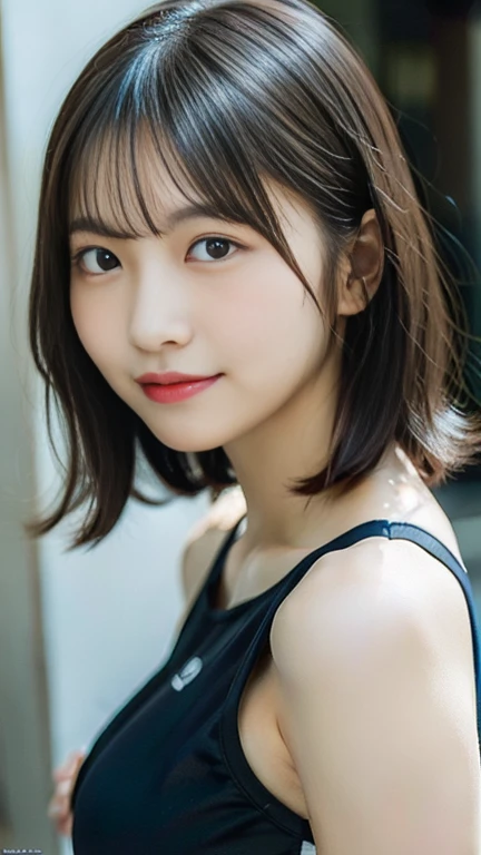 (8k, RAW Photos, highest quality, masterpiece:1.2), Super detailed, Super Resolution, (Realistic, Realistic Photo:1.37), Portraiture, High-definition RAW color photos, Professional photos, Very detailedで美Shii, Very detailed, 8k wallpaper, 素晴らShii、Detailed, Large file size, Official Art, highly detailed CG unity 8k wallpaper, 非常にDetailed美Shii女の子, 非常にDetailed顔, 非常にDetailed目, 非常にDetailed肌, 非常にDetailed指, 非常にDetailed鼻, 非常にDetailed口 , Perfect Anatomy, 非常にDetailed背景, Very fine clothing, One girl, (20:1.2), 20th Generation, cute girl, Realistic body, Fair skin, Glowing Skin , The body is slim, Handsome body, Black Hair , short hair, (Blunt bangs:1.2), beaming smile,  cute, like々Shii, cute face, Realistic Face, Delicate eyes, Droopy eyes, competition swimsuit, View Viewer, Cowboy Shot, Dynamic Lighting, Very large breasts