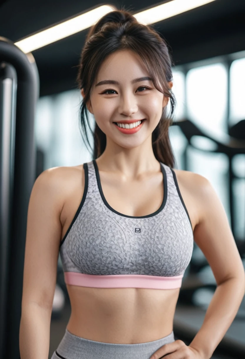 best quality, 8k, highly detailed face and skin texture, high resolution, huge tits cute japanese girl in sport bra with abs smile at gym, full body, sharp focus