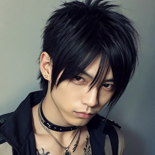 1 japanese male rocker, asien eyes, Visual Kai hairstyle, ultra detailed face and body, hyperrealistic, realistic representation, muscular, broad shoulders, tattoos gothic style, piercings, Visual Kei style, hairstyle Visual Kei, blond, 30 years old, age 30, outfit gothic streampunk, men's shirt and black pants, Asian eyes, eyes Asian, long hair, long hair