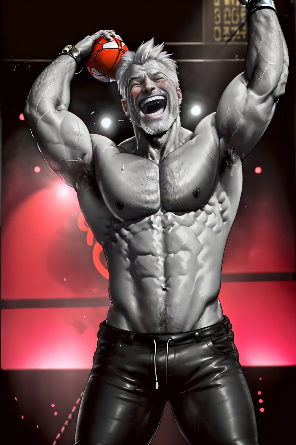 Handsome muscular grey haired bearded man (holding a a ball) , laughing, crying, ,blushing face, clock above him, ribs tickling, armpits tickling, armpits tickled by feathers, a clock on the wall behind him, stage background, 