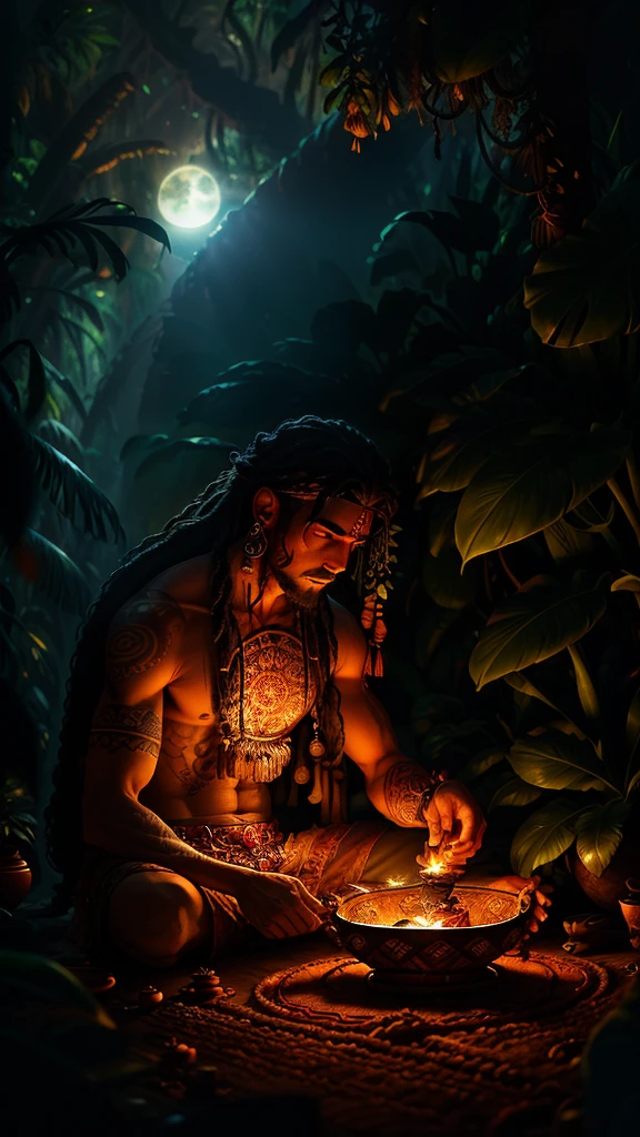 In the depths of the Amazon rainforest, a shaman prepares a sacred brew known as Ayahuasca. The setting sun casts long shadows over the jungle floor, as the first stars begin to twinkle in the twilight sky. The shaman's face, adorned with intricate tribal tattoos, is framed by long, curly gray hair, which falls over his shoulders and mixes with the lush foliage behind him.
The Ayahuasca potion simmers in a large, earthenware calabash, the rich, earthy aroma wafting through the air. The potion is a deep, inky black,