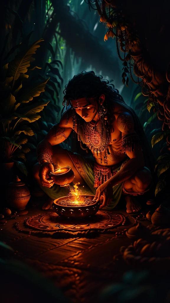 In the depths of the Amazon rainforest, a shaman prepares a sacred brew known as Ayahuasca. The setting sun casts long shadows over the jungle floor, as the first stars begin to twinkle in the twilight sky. The shaman's face, adorned with intricate tribal tattoos, is framed by long, curly gray hair, which falls over his shoulders and mixes with the lush foliage behind him.

The Ayahuasca potion simmers in a large, earthenware calabash, the rich, earthy aroma wafting through the air. The potion is a deep, inky black,