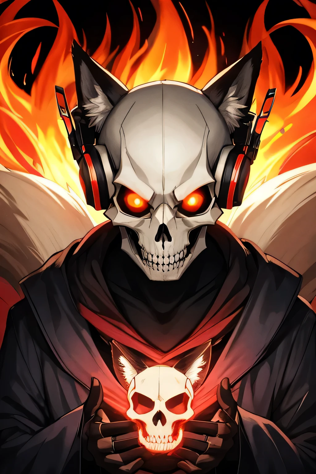 Create an anime-style close-up shot of an anthropomorphic male fox character's face that undergoes a dramatic transformation into a laughing, flaming skull. Initially, depict the vibrant and expressive face of the male fox, with detailed fur, sharp, intelligent eyes, and a lively and energetic personality. He should be wearing a prominent pair of high-quality gamer headphones. During the transformation, focus on the male fox's facial features as they shift into a more spectral form. The final close-up should be of a laughing skull on fire, retaining the distinct shape of a fox skull. The flames should be dynamic and vivid, enveloping the skull but not obscuring its details. The gamer headphones should remain visibly intact and perched on the skull, providing a surreal and eerie contrast to the fiery, skeletal visage. Ensure the composition captures the intensity and energy of both forms, blending elements of anime style with a dark, supernatural twist.