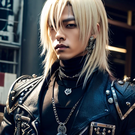 1 japanese male rocker, asien eyes, Visual Kai hairstyle, ultra detailed face and body, hyperrealistic, realistic representation, muscular, broad shoulders, tattoos gothic style, piercings, Visual Kei style, hairstyle Visual Kei, blond, 30 years old, age 30, outfit gothic streampunk, men's shirt and black pants, Asian eyes, eyes Asian, long hair, long hair
