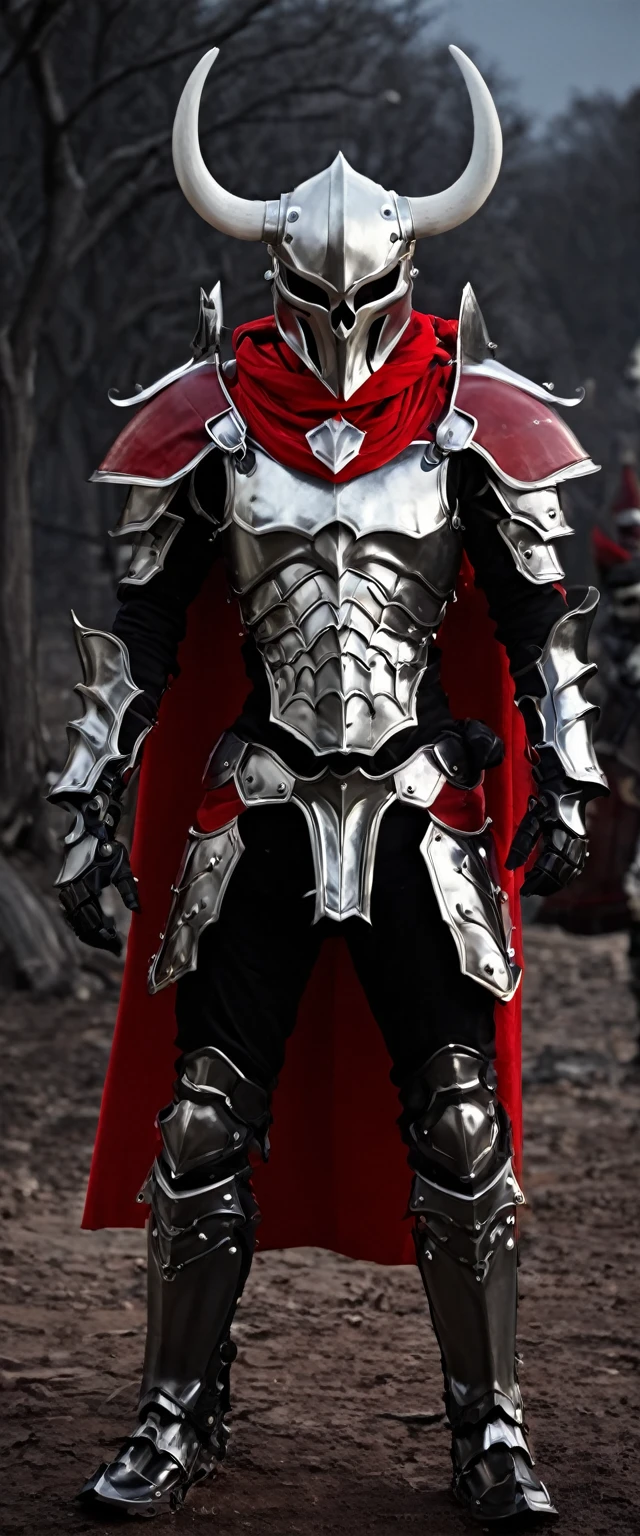 blurred background, breastplate, fake horns, skull mask, full armor, gloves, Shining, night hailok, helmet, horns, jewelry, pauldrons, red cape, robot, shoulder guard, skeleton, standing, torn clothes, trunk tops body, white gloves, dynamic pose,