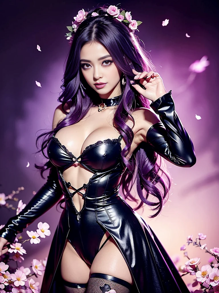 (nsfw), ultra realistic girl who controls poison, halloween, goth, gyaru, lip-gloss, gothic makeup, purple flowing hair, sparkling poisoned flower costume、、、、secrete poison, skull hair accessoires, sweet and sexy, seductive pose, shy, smile, flowers background