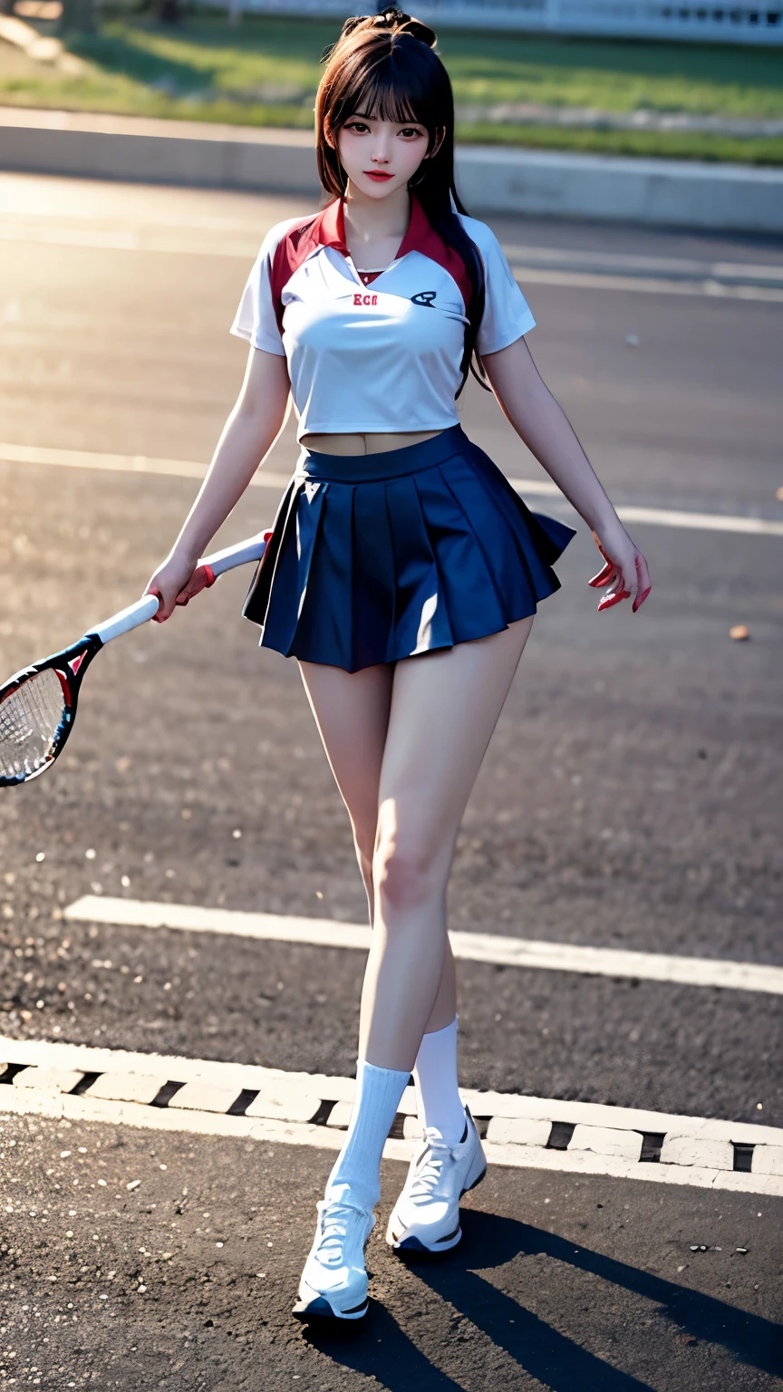 (Very delicate and beautiful:1.2)super model,,Big Breasts,Beautiful breasts,voluptuous,【bike shorts】,,【3girls】,,highest quality, High resolution, 8K,Kick in a hurry,Tennis Wear.mini skirt
