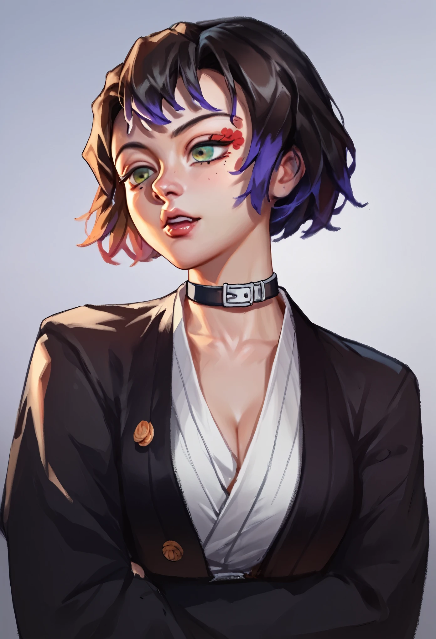 Smudgy, traditional art, liu2, brush texture, score_9, score_8_up,score_7_up, score_6_up, score_5_up, score_4_up, (top-quality、masterpiece:1.2) 1girl, kimetsu no yaiba, upper body, illustration, bob cut