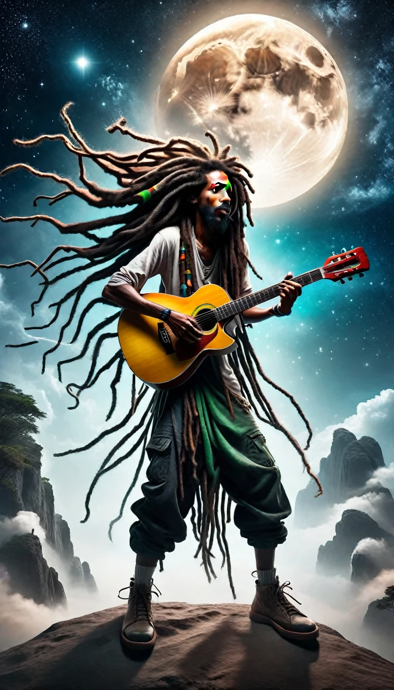 Phantasmagorical Style, imagem de um homem negro rastafari tocando guitarra em cores reggae com dreadlocks, alta qualidade, starry sky a giant moon
