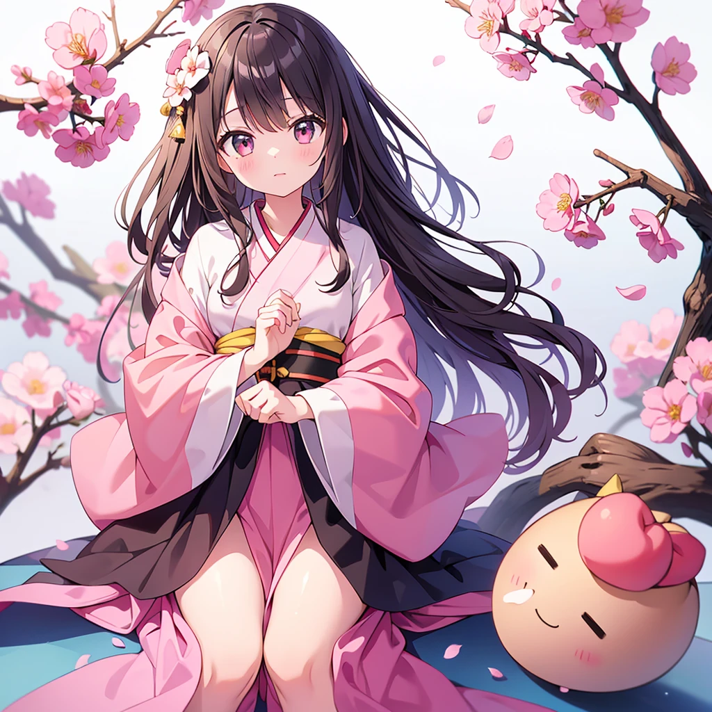 masterpiece、(highest quality)、(White Background)、(Perfect hands)、(10 year old girl)、(1 person)、kimono、Peach Blossom、doll&#39;festival、Pink Eyes、Bob Hair、Black Hair