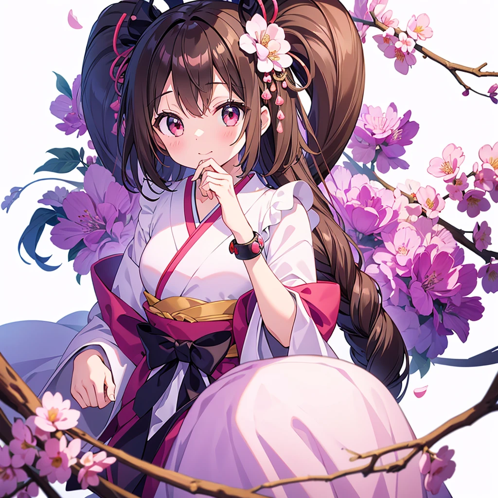 masterpiece、(highest quality)、(White Background)、(Perfect hands)、(10 year old girl)、(1 person)、kimono、Peach Blossom、doll'festival、Pink Eyes、Bob Hair、Black Hair