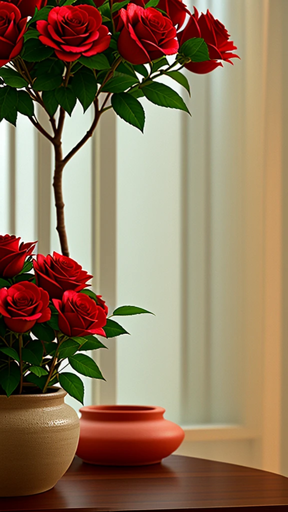 Clay pot, colorful roses, by the window, sunlight coming in, blank background, lots of details, high quality, 8k,
