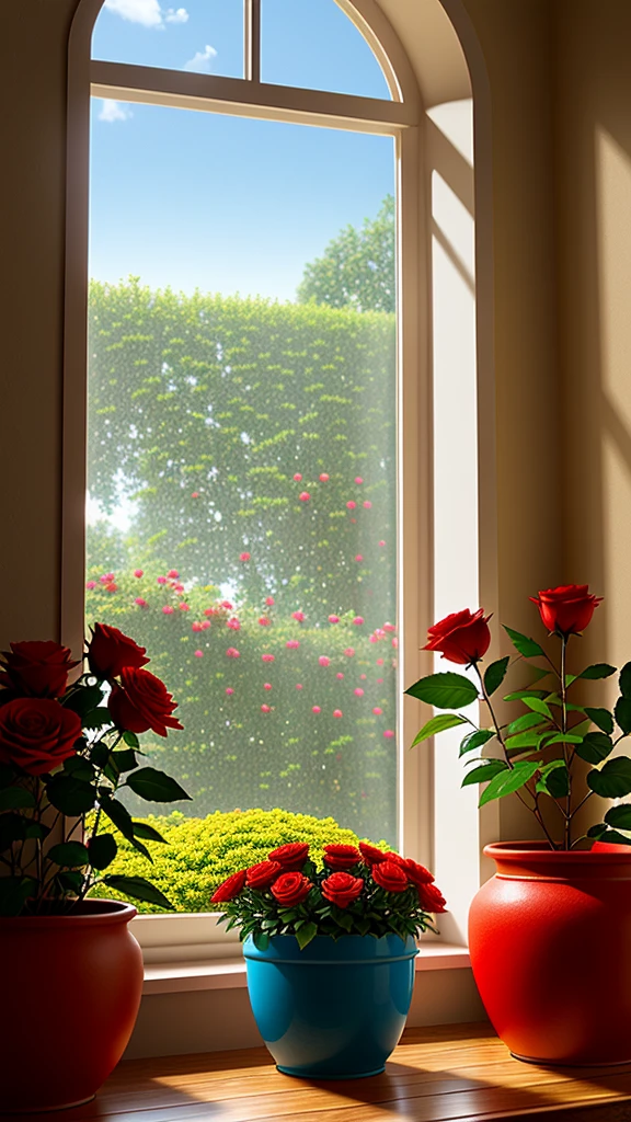 Clay pot, colorful roses, by the window, sunlight coming in, blank background, lots of details, high quality, 8k,