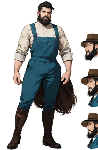 Vintage Ghibli Style，A bearded man with a serious face，Full Body Lesbian，Dressed as a farmer，Big rough々New boots，Attentive eyes，Perfect good looking face，Same person，Character Sheet，White background--niji 5