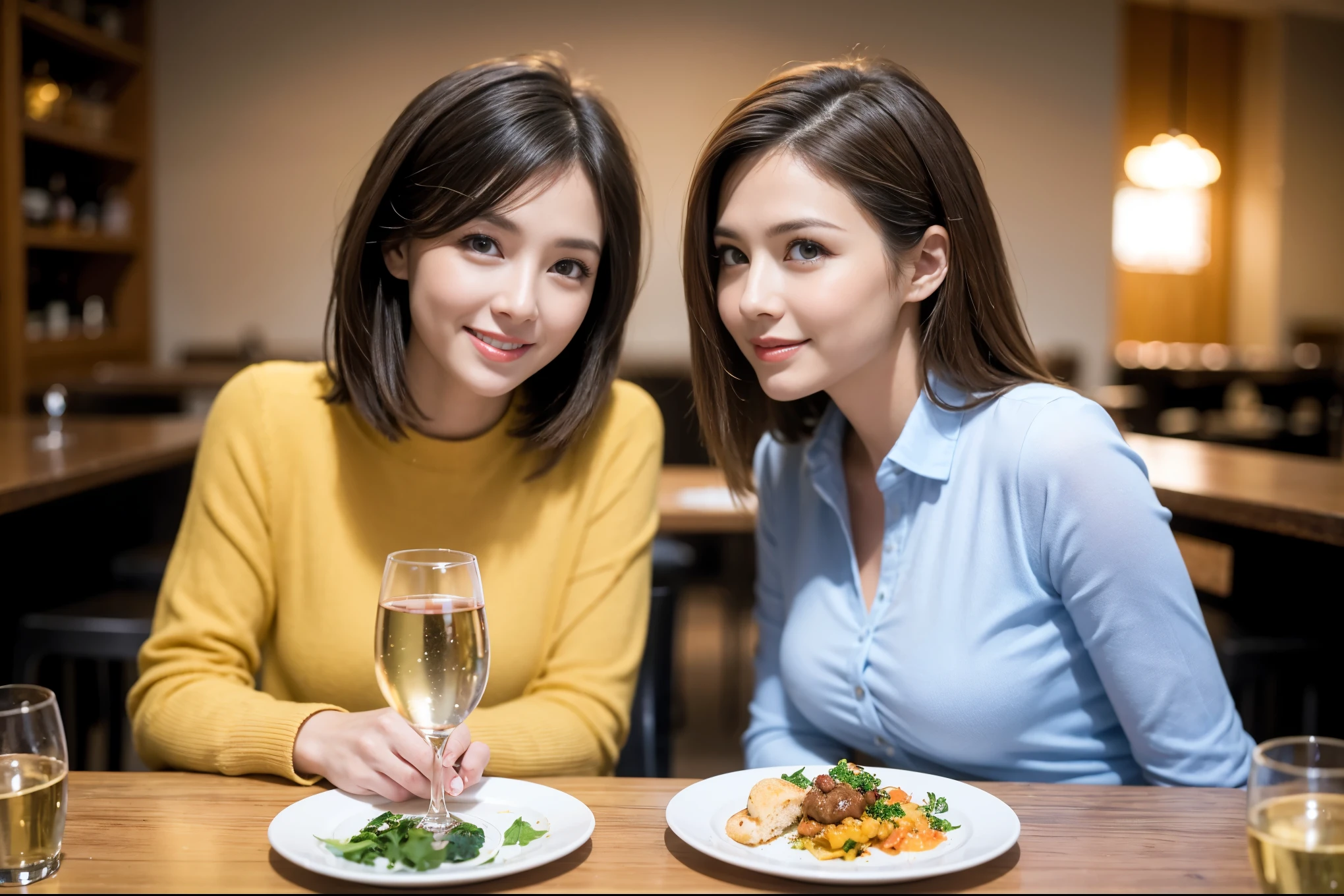 ((highest quality、8k、masterpiece:1.3))、beauty、1 male1 female、Couple、Spouse、half、The body is slim、((Bob Hale、Straight hair:1.2)), (Realistic, Intricate details:1.2), Fullcorse Dinner,Wine glass on the table、Shine light on your face、 Amazing view of the sunset sky and clouds、A bright smile、The wonderfulness of smile、Bright image、The beauty of wine, Beautiful Face, blue eyes, The light shines on your face, Blushing, short hair,Bright Face、 (Age 45), 39 years old, red wine 、Appetizers、Italian food、Wine bottle、Champagne、sparkling wine、Two beauties、Brown Hair、Shortcuts、Long sleeve shirt、dress、Pretty Woman 1, (Slim face), (The body is slim), (Brown Hair), (Shortcuts), cheeks turn a little red,Attractive beauty、restaurant, In a prominent place (From the waist up) Nova Frog Style, actress, model, Upper Body, White wine, slim, wine glass, A wine glass placed in the center, smile, (smile: 1.15), Beautiful fine grain, Depth f/2,saturation, High Contrast, Strong light and shadow,Moist Body:1.5、3D texture、Delicate eyes、Brown Hair、The hair is very shiny、
