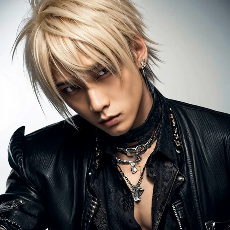 1 japanese male rocker, asien eyes, Visual Kai hairstyle, ultra detailed face and body, hyperrealistic, realistic representation, muscular, broad shoulders, tattoos gothic style, piercings, Visual Kei style, hairstyle Visual Kei, blond, 30 years old, age 30, outfit gothic streampunk, men's shirt and black pants, Asian eyes, eyes Asian, long hair, long hair