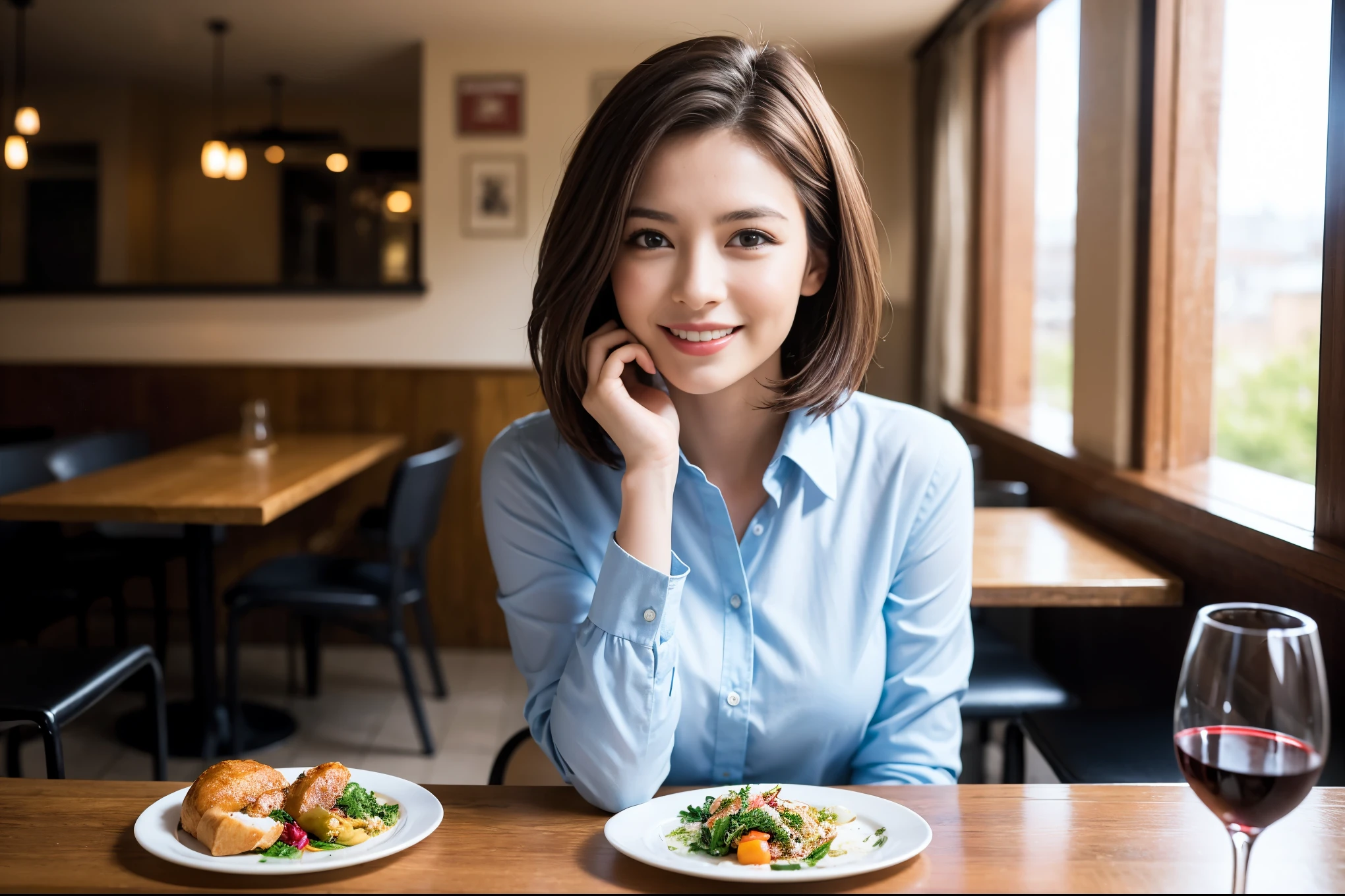 ((highest quality、8k、masterpiece:1.3))、beauty、1 male1 female、Couple、Spouse、half、The body is slim、((Bob Hale、Straight hair:1.2)), (Realistic, Intricate details:1.2), Fullcorse Dinner,Wine glass on the table、Shine light on your face、 Amazing view of the sunset sky and clouds、A bright smile、The wonderfulness of smile、Bright image、The beauty of wine, Beautiful Face, blue eyes, The light shines on your face, Blushing, short hair,Bright Face、 (Age 45), 39 years old, red wine 、Appetizers、Italian food、Wine bottle、Champagne、sparkling wine、Two beauties、Brown Hair、Shortcuts、Long sleeve shirt、dress、Pretty Woman 1, (Slim face), (The body is slim), (Brown Hair), (Shortcuts), cheeks turn a little red,Attractive beauty、restaurant, In a prominent place (From the waist up) Nova Frog Style, actress, model, Upper Body, White wine, slim, wine glass, A wine glass placed in the center, smile, (smile: 1.15), Beautiful fine grain, Depth f/2,saturation, High Contrast, Strong light and shadow,Moist Body:1.5、3D texture、Delicate eyes、Brown Hair、The hair is very shiny、