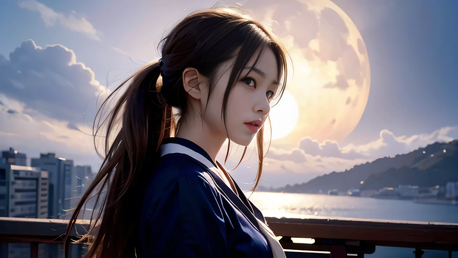 A 20-year-old Japanese woman with a beautiful profile like a popular actress。For crystal clear white skin、A slightly sad expression, as if she had been heartbroken。Her very long and beautiful hair is impressive.。Wearing the latest fashionable clothes。The background is night with a large moon floating in the sky。Realistic images as if they were taken with a high-performance camera。High image quality。