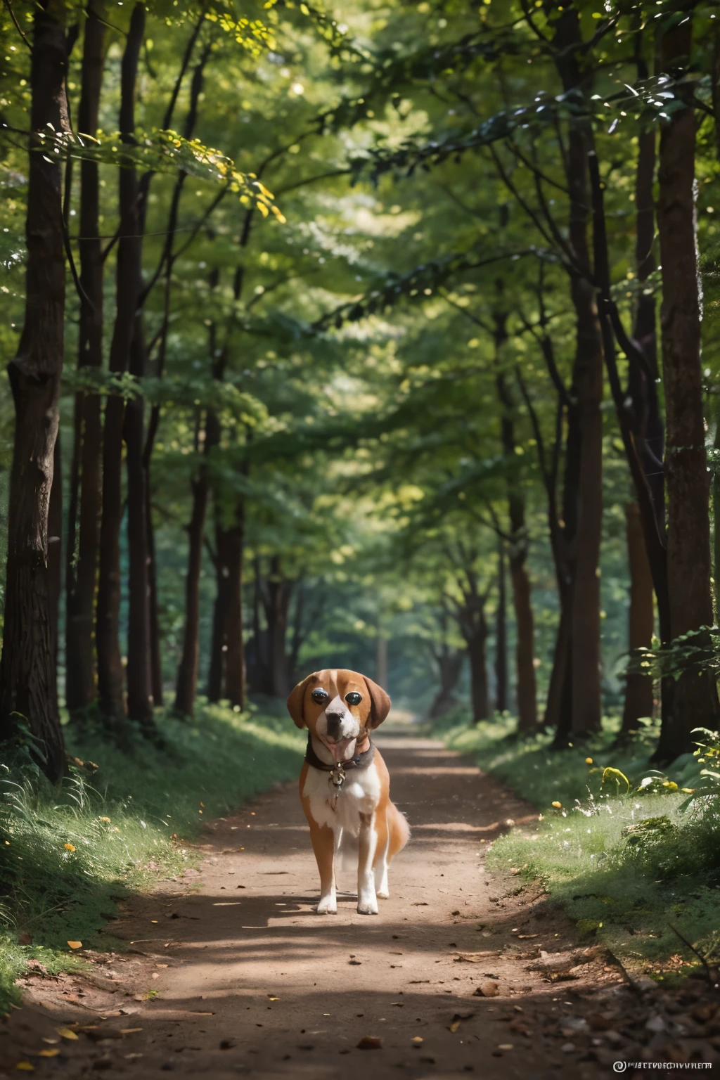 there is a dog that is standing on a path in the woods, concept art by Yang J, pixiv contest winner, furry art, adorable digital painting, anime lush john 8k woods, cute detailed digital art, background art, cute beagle, painting of cute dog, today's featured anime still, made with anime painter studio, official anime still