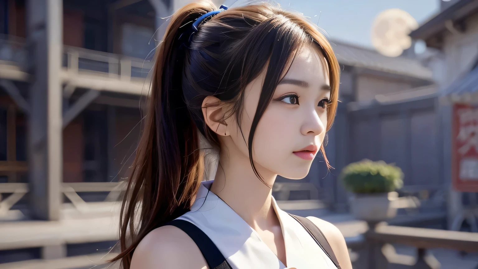A 20-year-old Japanese woman with a beautiful profile like a popular actress。For crystal clear white skin、A slightly sad expression, as if she had been heartbroken。Her very long and beautiful hair is impressive.。Wearing the latest fashionable clothes。The background is night with a large moon floating in the sky。Realistic images as if they were taken with a high-performance camera。High image quality。