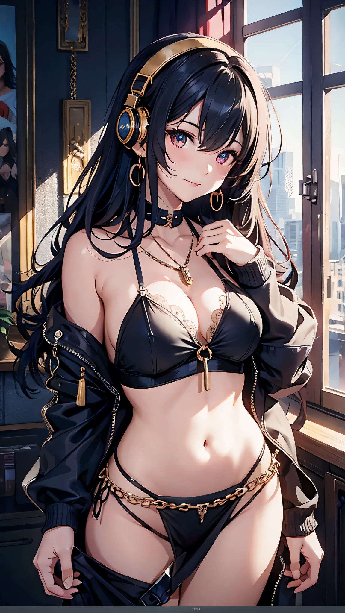 Highest quality、Highest quality、Masterpiece、girl((20-year-old、as soon as、Highest Bust、Medium Bust、Wide open chest、Red glowing eyes、Dark blue hair、Disheveled Hair、Loincloth、thin、The best valley、Open chest、hair ornaments、Full body view、White see-through dress、Random Pause、smile、headphone、Chain Accessories、necklace))、high quality、Beautiful Art、background((Shining Room))、Depth((Earth))、flight、Flying Debris、Depth of text、movie、Visual Arts、Perfect Art、8K、Genuine、Special Angles
