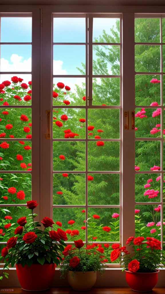 Clay pot, colorful roses, by the window, sunlight coming in, blank background, lots of details, high quality, 8k,
