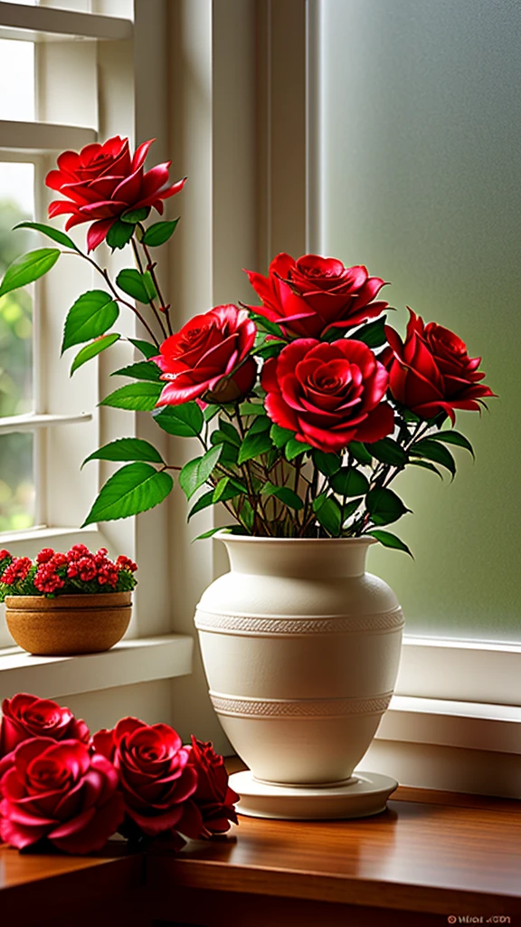 Clay pot, colorful roses, by the window, sunlight coming in, blank background, lots of details, high quality, 8k,