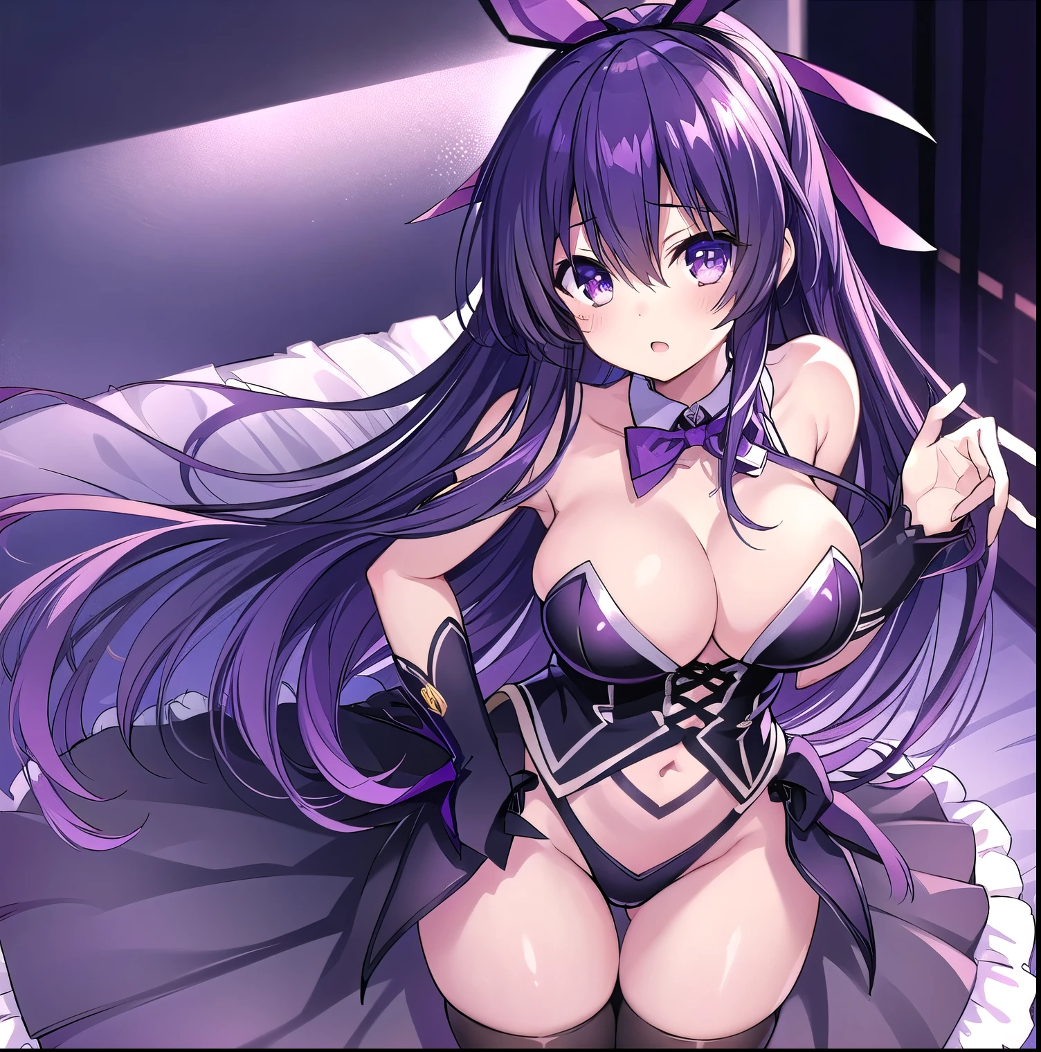 1girl,alone,tohka yatogami, hairband, (purple eyes: 1.1), purple hair, long hair, ribbon, dark purple playboy bunny outfit, black headband, black bunny ears, black pantyhose, cleavage, big breasts, medium waist, wide hips, medium thighs, round butt, sexy body, sexy pose, curvy body, standing on the sand, hand on hips, room, bedroom, night details, interior, looking at viewer, front, focus on breasts,pov(from Middle), (masterpiece: 1.2), best quality, high resolution, Unity 8k wallpaper, (artwork: 0.8), (beautiful detailed eyes: 1.6), extremely detailed face, perfect lighting , Detailed CG (perfect hands, perfect anatomy),