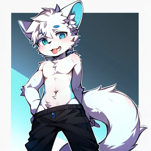 White Dragon，boy，individual，blue eyes，All white，Shirtless，Distressed black swimming trunks，smooth fur，Standing，shy，Tongue