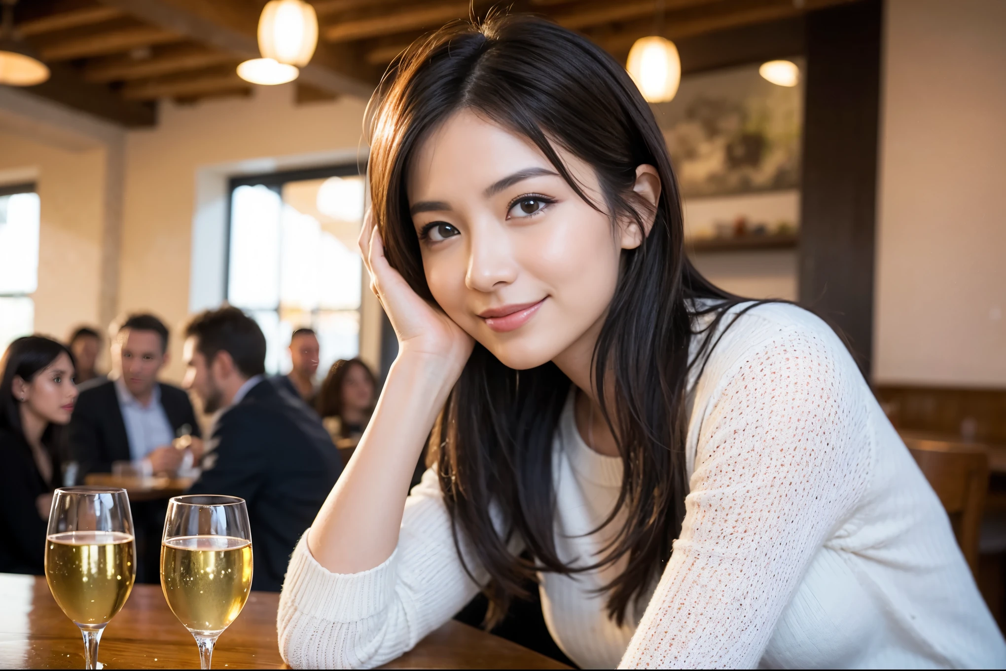 ((highest quality、8k、masterpiece:1.3))、Ray Dan lookalike beauty、1 male、1 female、Couple、Spouse、half、The body is slim、((Bob Hale、Straight hair:1.2)), (Realistic, Intricate details:1.2), Wine glass on the table、Shine light on your face、 Amazing view of the sunset sky and clouds、Amazing mountain views、A bright smile、The wonderfulness of smile、Bright image、The beauty of wine, Beautiful Face, blue eyes, The light shines on your face, Blushing, short hair,Bright Face、 (Age 44), 43 years old, red wine 、Appetizers、Italian food、Wine bottle、Champagne、sparkling wine、Two beauties、Brown Hair、Shortcuts、Long sleeve shirt、dress、Pretty Woman 1, (Slim face), (The body is slim), (Brown Hair), (Shortcuts), cheeks turn a little red,Attractive beauty、restaurant, In a prominent place (From the waist up) Nova Frog Style, actress, model, Upper Body, White wine, slim, wine glass, A wine glass placed in the center, smile, (smile: 1.15), Beautiful fine grain, Depth f/2,saturation, High Contrast, Strong light and shadow,Moist Body:1.5、3D texture、Delicate eyes、Brown Hair、The hair is very shiny、