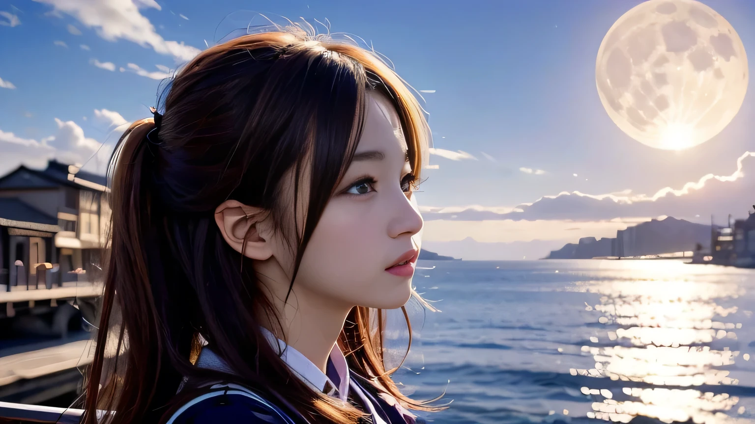 A 20-year-old Japanese woman with a beautiful profile like a popular actress。For crystal clear white skin、A slightly sad expression, as if she had been heartbroken。Her very long and beautiful hair is impressive.。Wearing the latest fashionable clothes。The background is night with a large moon floating in the sky。Realistic images as if they were taken with a high-performance camera。High image quality。