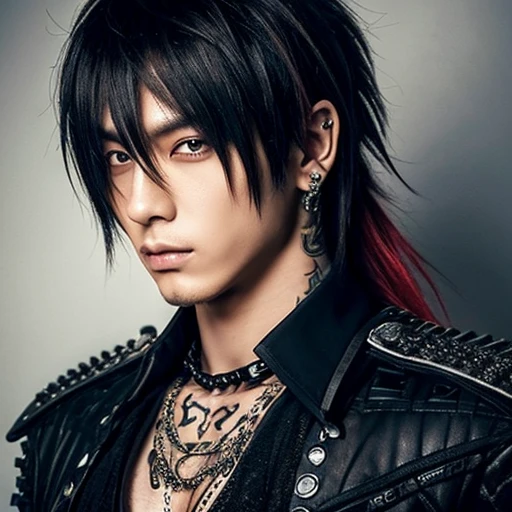 1 japanese male rocker, asien eyes, Visual Kai hairstyle, ultra detailed face and body, hyperrealistic, realistic representation, muscular, broad shoulders, tattoos gothic style, piercings, Visual Kei style, hairstyle Visual Kei, blond, 30 years old, age 30, outfit gothic streampunk, men's shirt and black pants, Asian eyes, eyes Asian, long hair, long hair