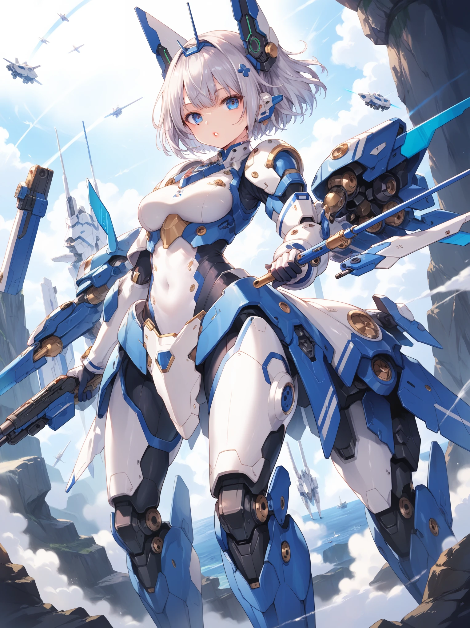 score_9, score_8_up, score_7_up, source_anime,masterpiece, best quality, high resolution, extremely detailed CG, absurdres, highres, ((perfect face, detailed face)), 1girl, solo, A mecha centaur girl, mecha girl, ((white_outfit with blue_praints)), holding weapon, mecha long gun, outdoors, (grey_hair, blue_armor), high contrast, ((gloss))