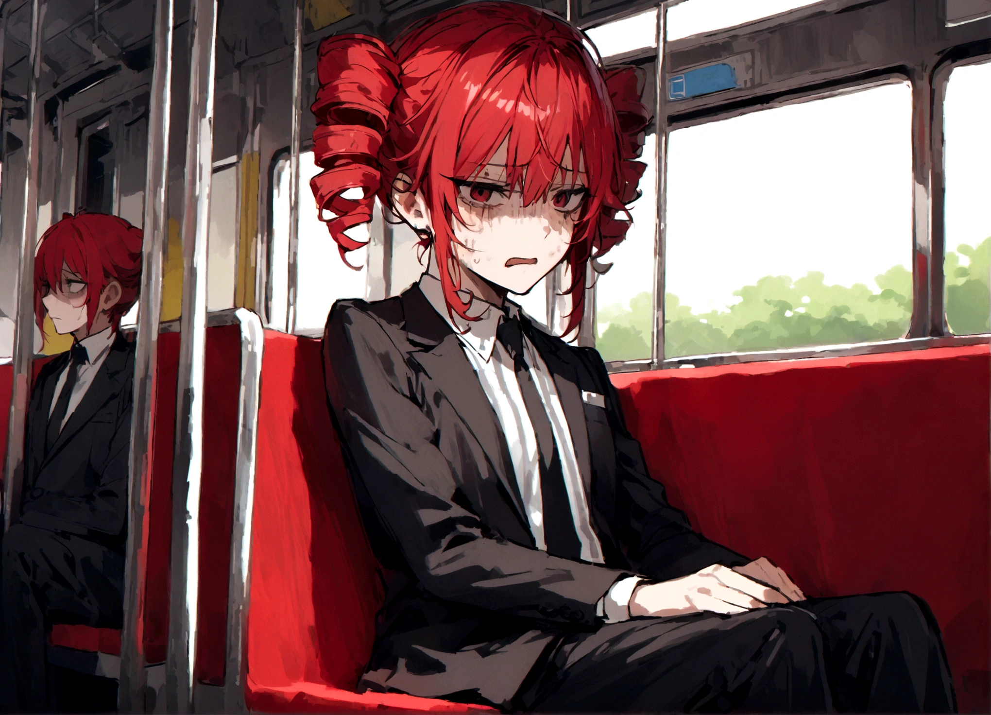 Red hair、Black Suit、Painful face、on the train、Sitting