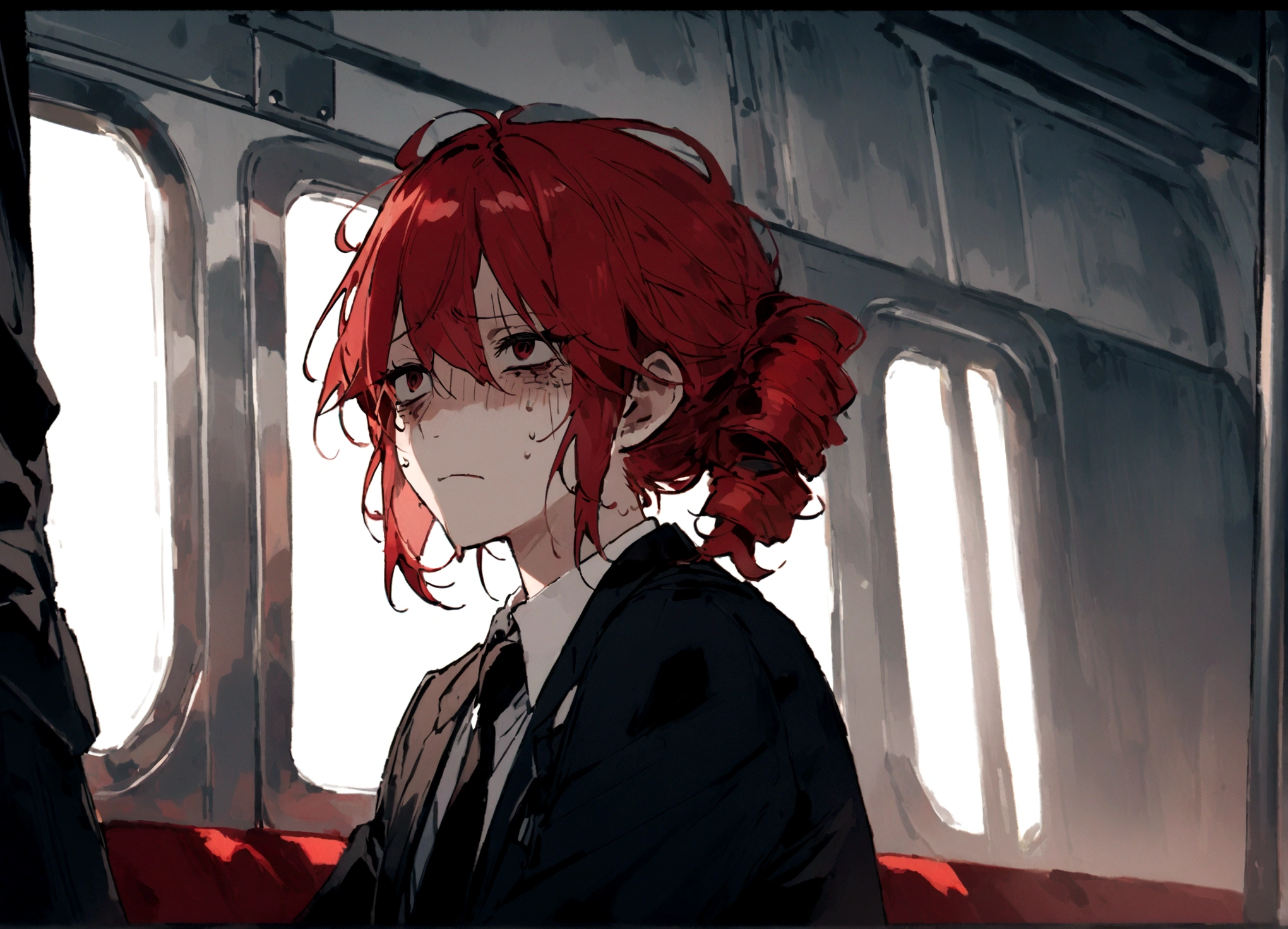 Red hair、Black Suit、Painful face、on the train、Sitting